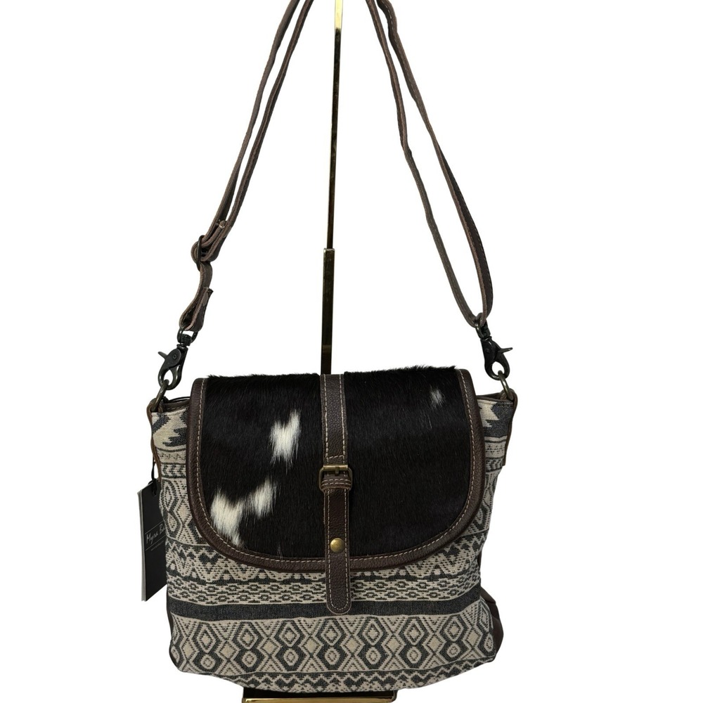 Myra Bag Hair-On Hide Crossbody Southwest Canvas Cowhide‎ Purse NWT